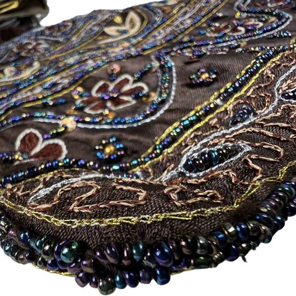 K&K VTG Table Tops Chocolate Brown Satin Floral Embroidered Sequin Shoulder Bag - Picture 13 of 13